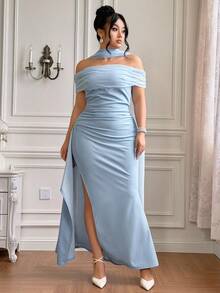 Roveilla 大码女士优雅露肩开衩修身浪漫露背派对连衣裙，适合圣诞派对、正式场合