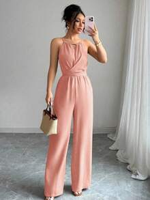 Elenzga 女式休闲卡其色褶皱面料吊带串珠设计腰部纽扣系带长款连体裤，春夏 - 藕粉色 - 查看 3