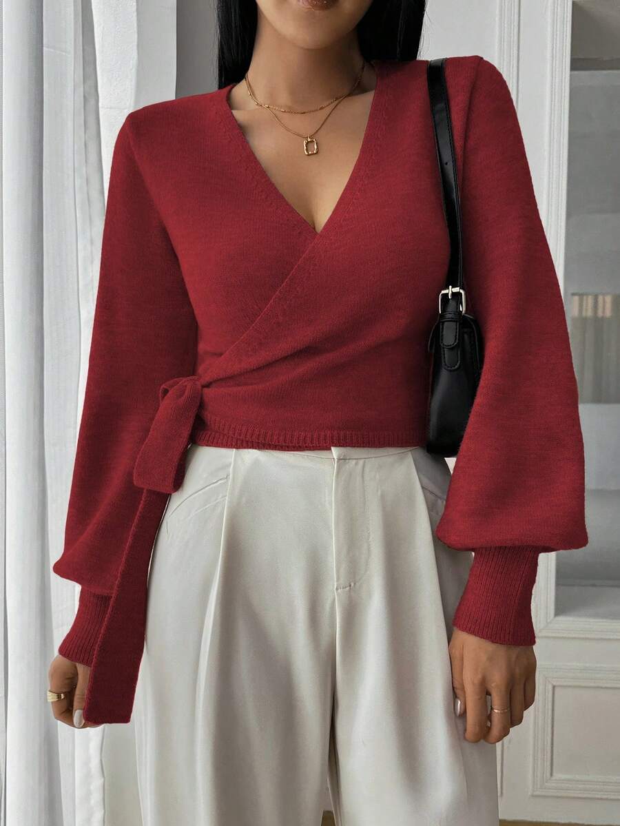 EMERY ROSE Floral Wrap-Style Cropped V-Neck Tie-Waist Long Puff Sleeve Casual Elegant Women Sweater - Burgundy - View 1