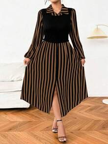 Vionelle 大码休闲条纹拼布两件套连衣裙，秋季长款女装 - 彩色 - 查看 5