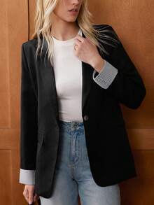 Écloséra 法式休闲百搭简约单扣宽松拼接条纹袖口西装外套，休闲夹克，商务休闲装，秋季/春季