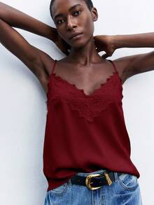 Maija 女士撞色蕾丝宽松V领可调节吊带休闲度假吊带背心，适合都市通勤、商务、休闲、办公穿着，优雅适合派对、新年聚会、蕾丝边吊带背心，沙滩度假夏季外出毕业典礼皆宜。 - 酒紅色 - 查看 8