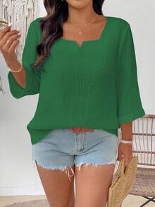 EMERY ROSE Plus Size Women's Solid Color 3/4 Sleeve Loose Casual Shirt - Green - View 3