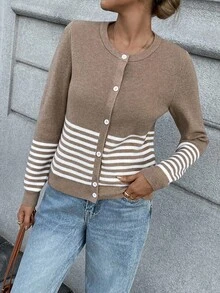 Chiquease Áo khoác cardigan sọc màu đơn giản dành cho nữ khi đi làm - Màu Khaki - Xem 5