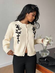 SHEIN Frenchy Women's White Autumn Elegant Graphic Brunch Sweater Cardigan,Contrast Color Rope Embroidered Round Neck Single Breasted Loose French Style Top 2025 - Apricot - View 6