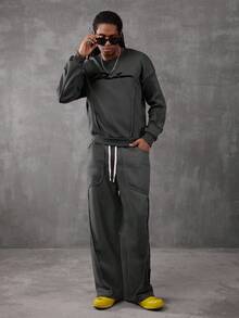 PAVTROS Manfinity Streetrush 男士创意拼布宽松图案文字刺绣运动衫套装，灰色男士运动服套装男士两件套男士慢跑套装男士套装男士两件套，返校，羊毛两件套，秋冬装