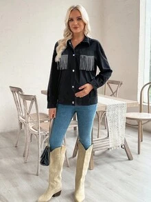 SHEIN Maternity Drop Shoulder Front Button Casual Versatile Short Regular Jacket - Black - View 5