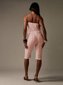 MISSGUIDED 女士夏季英式刺绣七分裤套装，搭配细肩带紧身胸衣上衣，孔眼蕾丝套装，海滩派对度假装 - 粉色 - 查看 2