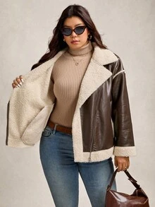 Zelara Plus Size Women's Fashionable Warm PU Composite Faux Fur Collar Jacket, Winter Outerwear Going Out Brown Jacket Zip-Up Thanksgiving
