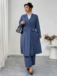 Elenzga Plus Size Stiff Fabric Blazer Jacket Long Sleeve Lapel Collar Real Pockets Decoration Single-Breasted + Straight Elastic Waist Pants 2 Pieces Set, Suitable For Commuting, Outing, Party, And Dating