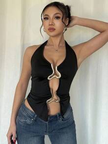 Chiquease Women's Solid Color Tie-Up Metal Accessory Slit Front Tank Top - Black - View 5