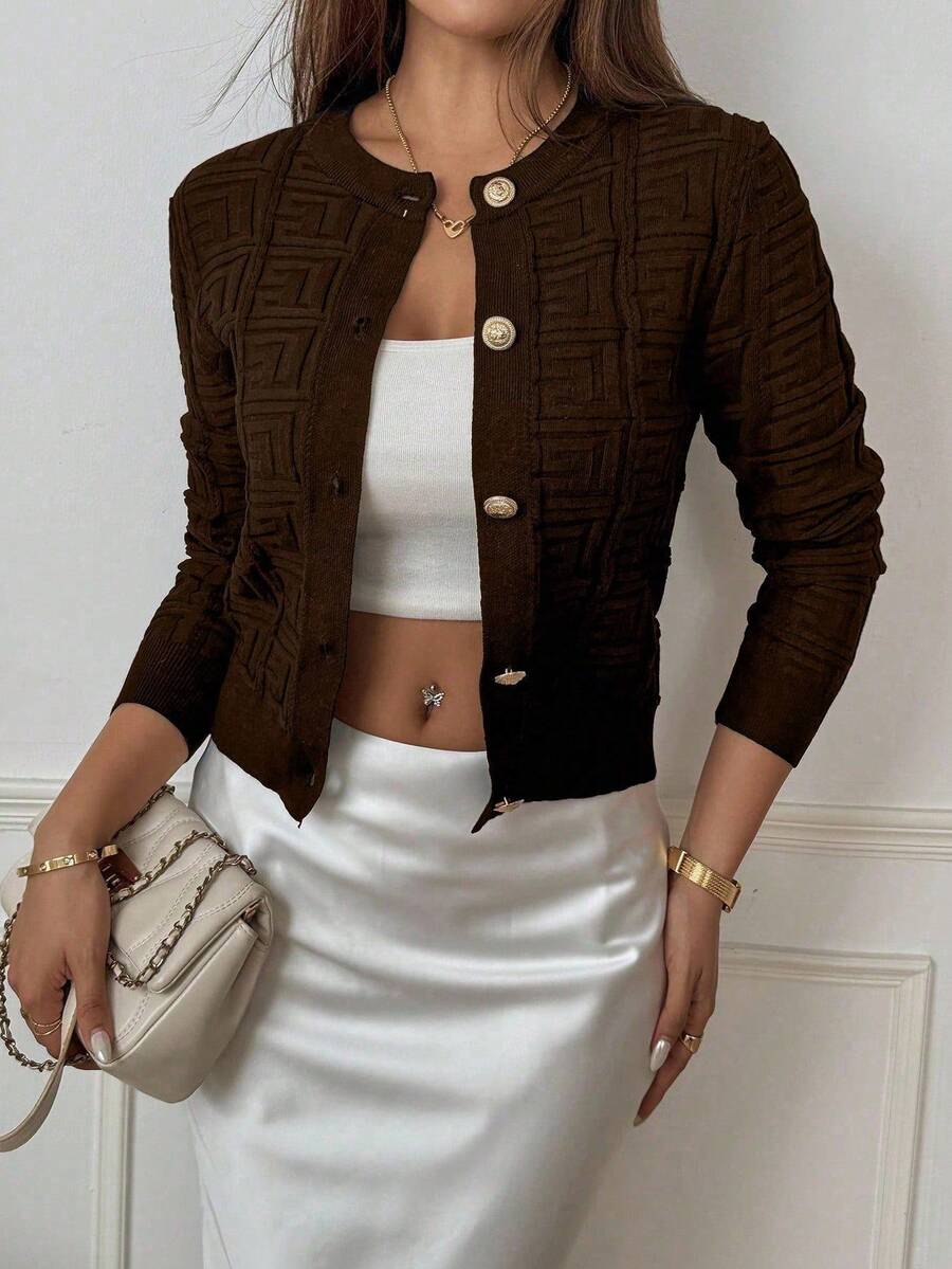 SHEIN PETITE 女士休闲长袖单排扣针织开衫，秋冬 - 咖啡棕 - 查看 1