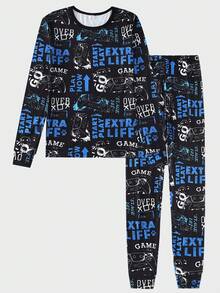 Bộ đồ chơi trò chơi Graffiti dành cho bé trai tuổi teen, áo thun dài tay cổ tròn màu xanh và trắng, quần dài, chất liệu vải dệt kim co giãn, mềm mại, thoải mái - Nhiều màu - Xem 3