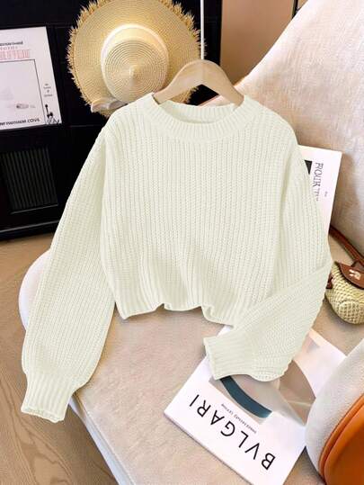 SHEIN Girls' Solid Color Minimalist Everyday Round Neck Long Sleeve Cropped Pullover Cute Tops Crop Tops For Teens Cropped Sweater Summer Clothes For Teens Sweater Sweater For Teens Knitted Crop Top Cute Sweater Fall Winter Tops Cute Tops For Teen Girl Crop