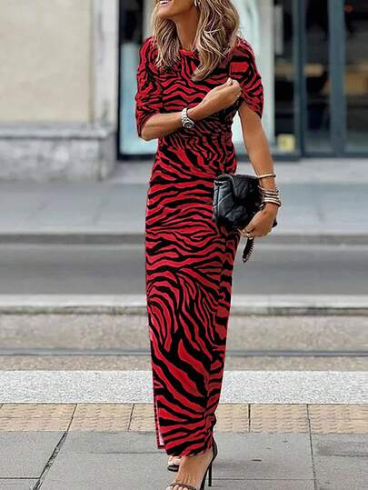 EMERY ROSE EMERY ROSE Women's New Christmas And New Year Burgundy Zebra Print Slim-Fit Long-Sleeve Dress, With A Single Slit At The Hem, Suitable For Thanksgiving, Christmas, Travel, Street Style, Formal Occasions, Meetings, And Winter Layering.