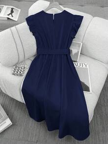 Franclia 优雅法式高端度假通勤百搭圆领盖袖松紧腰珍珠纽扣装饰舒适柔软无弹力杏色女式中长连衣裙，春夏 - 藏蓝色 - 查看 2