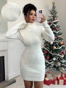 Rafferiza Elegant Women's Off-White Autumn Sweater Dress,High-Neck Long-Sleeved Woolen Diamond-Studded Cinched Waist Dress For Dinner Date Christmas Casual - Beige - View 1