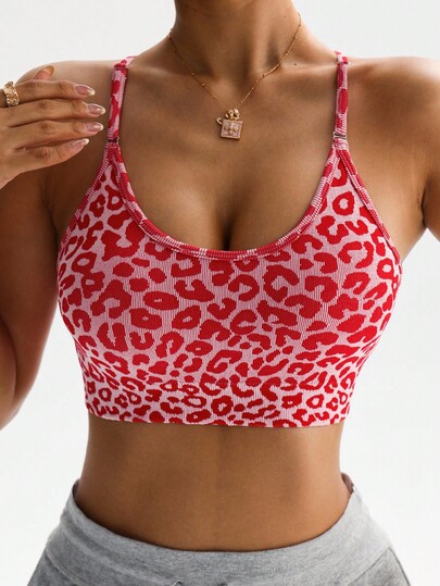 Slay 1pc Leopard Print Criss Cross Racerback Sports BH Yoga, Running Cheetah Spots Rood Tops Women view 5