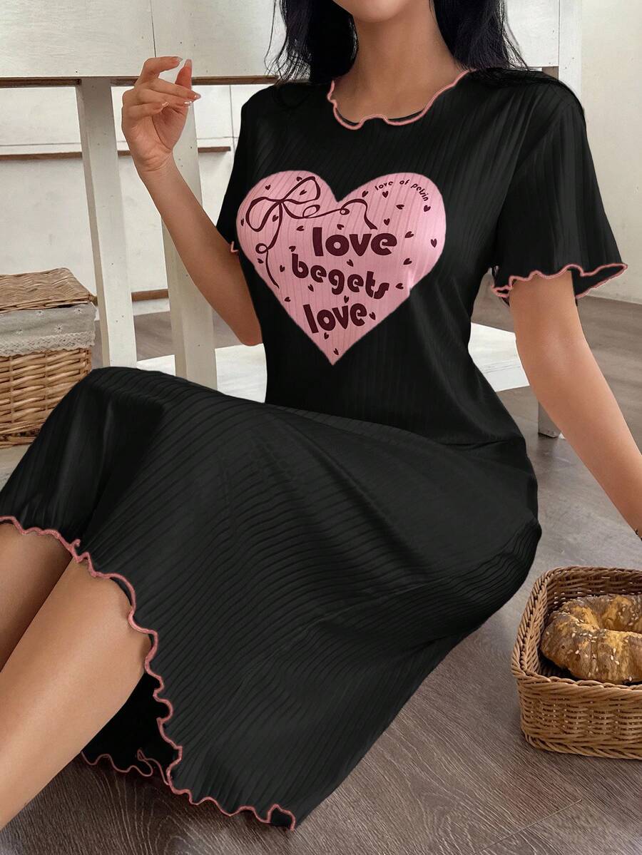 SHEIN Heart Textured Hem Casual Women Nightgown, Moo Moo Night Dress - Black - View 1