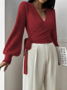 EMERY ROSE Floral Wrap-Style Cropped V-Neck Tie-Waist Long Puff Sleeve Casual Elegant Women Sweater - Burgundy - View 4