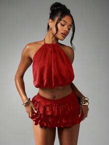MISSGUIDED Two Piece Satin Ruffle Skirt Set Backless Halter Neck Crop Top Summer Beach Festival Club Party Holiday Evening Outfit - Red - View 3