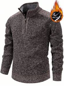 Manfinity Homme Men's Half Zip Placket Long Sleeve Casual Sweater , Fall Winter - Coffee Brown - View 4