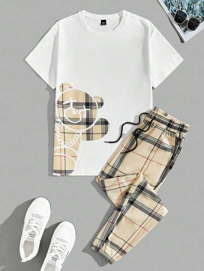 EASEVO 2件套加大码男士短袖T恤和抽绳裤套装