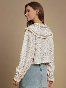 WESTFADE 条纹花卉蝴蝶结印花荷叶边领纽扣前襟宽松短款长袖衬衫休闲可爱秋季西部风波西米亚风 - 杏色 - 查看 2