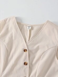 SHEIN Set de 2 piezas: Top de tirantes unicolor y pantalones de pierna ancha con decoración de dobladillo plisado, para chicas adolescentes, estilo elegante y holgado - Albaricoque - Ver 3