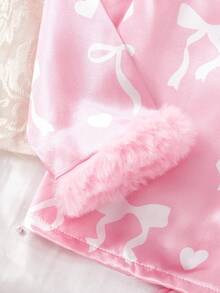 Girls Casual 2 Pieces Set, Featuring Cartoon Bow Pattern, Fluffy Cuff Long Sleeve Top And Long Pants, Pink, Comfortable Loungewear Fall Winter - Pink - View 9
