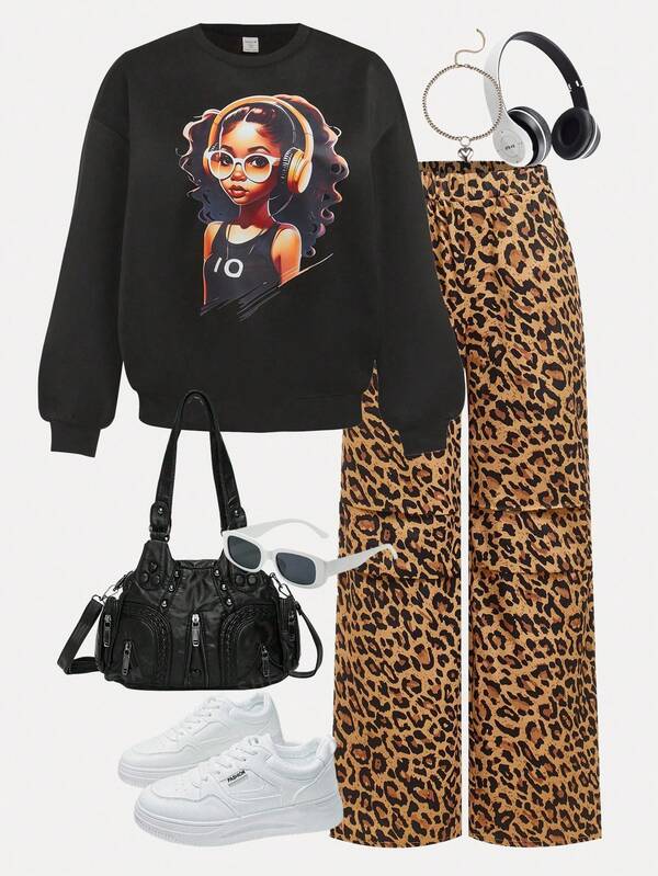 SHEIN 2pcs Tween Girls' Vintage Portrait & Leopard Print Loose Straight Leg Pants Set, Back To School, Street Style