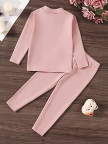 SHEIN Tween女孩修身休閒簡約舒適貓咪圖案T恤與秋季長褲睡衣套裝 - 粉色 - 查看 2