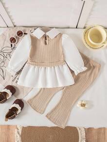 2 件套女婴秋季新款服装，翻领长袖针织拼接二合一衬衫和喇叭针织裤，时尚休闲可爱百搭套装 - 卡其色 - 查看 2