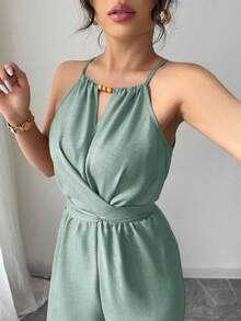 Elenzga 女式休闲卡其色褶皱面料吊带串珠设计腰部纽扣系带连体裤，春夏