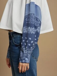 WESTFADE Mix Media French Terry & Chambray Cổ tròn Họa tiết Paisley Tay áo Boho Dáng hộp Dáng rộng Áo chui đầu dễ thương cho mùa thu, thường ngày, hòa nhạc đồng quê miền Tây - Màu be - Xem 5