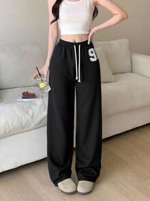 TEENGIRL 黑色低腰运动裤，休闲数字印花街头风格长裤，适合所有季节 - 黑色 - 查看 1