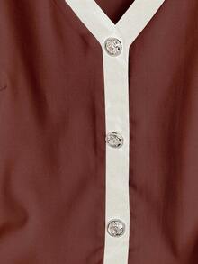 Franclia Plus Size Women's Woven Contrast Color Block V-Neck Short Sleeve Cardigan Shirt & Elastic Waist Straight Leg Pants Set, Elegant & Romantic