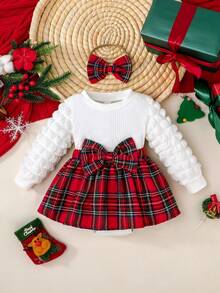 SHEIN Playful Pals Baby Girls' Cute & Christmas Vibe Bodysuit With Long Sleeves And Headband Decor Christmas Plaid Set Fall Winter