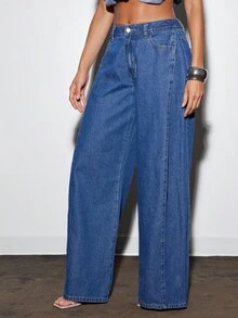 Denimoi Pleated Waist Wide Leg Mid Rise Denim Jeans - Medium Wash - View 1