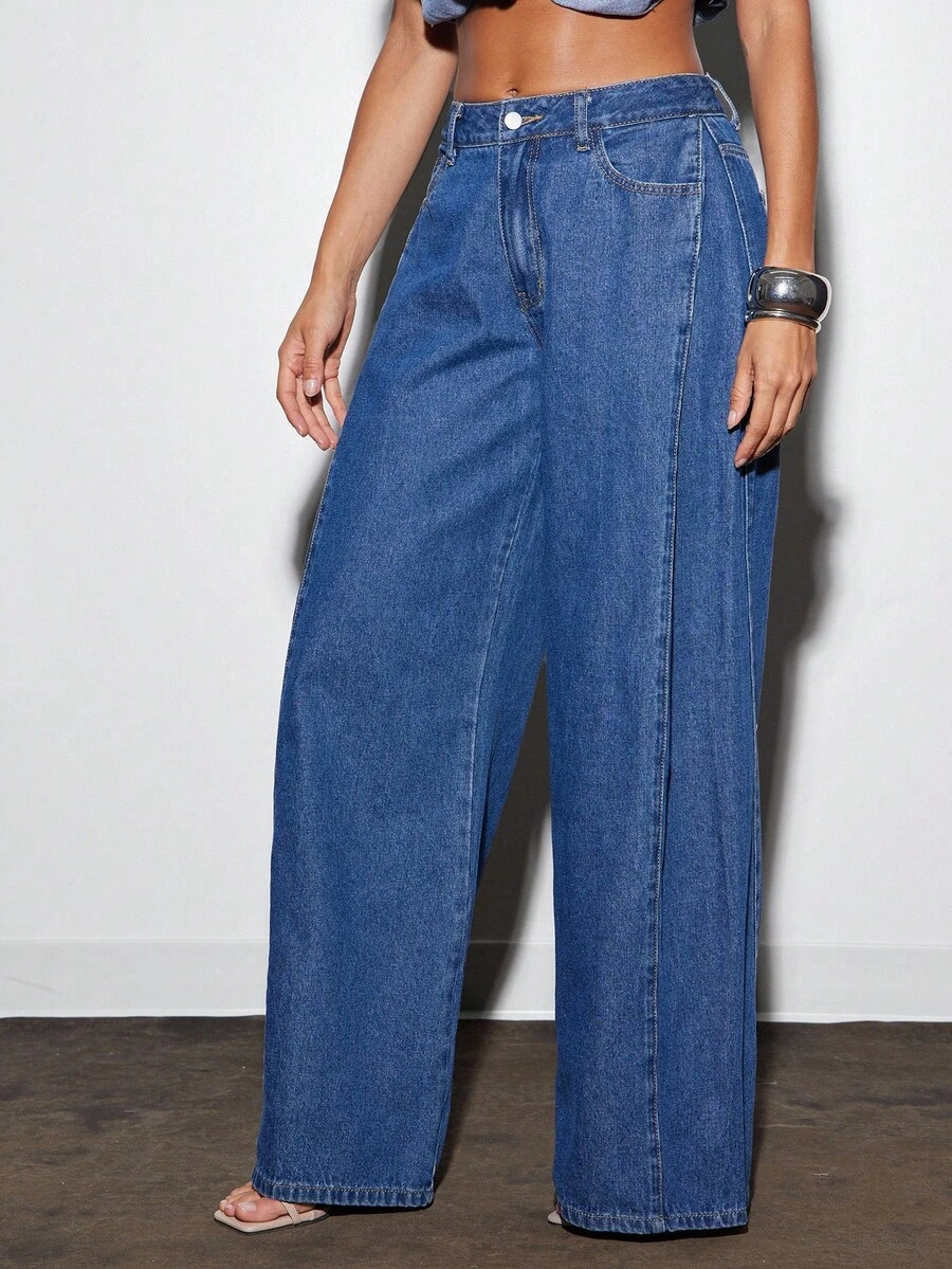 Denimoi Pleated Waist Wide Leg Mid Rise Denim Jeans - Medium Wash - View 1