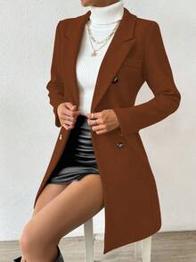 SHEIN PETITE Abrigo largo de mujer con cuello de solapa y doble botonadura, de estilo otoñal - Óxido marrón - Ver 3