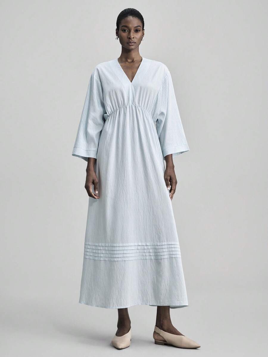 Ontre Women's V-Neck Pleated Loose A-Line Dress, Elegant Linen Material Long Dress For Vacation, Casual, Party, Beach, Autumn/Winter