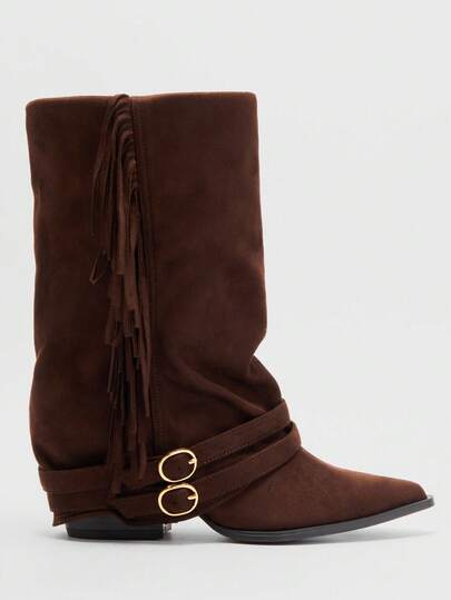 Solezae Glamorösa sexiga spetsig tå i konstmocka med tjock klack och halvhög vadsömnad stövlar för kvinnor