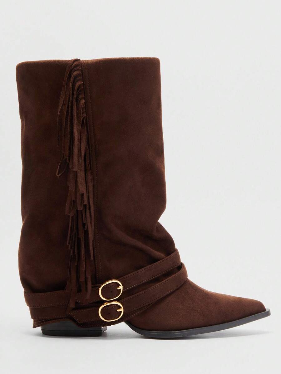 Solezae 女士迷人性感尖头仿麂皮粗跟中筒休闲靴 - 巧克力棕 - 查看 1