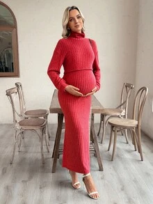 SHEIN High Neck Drop Shoulder Long Sleeve Top And Suspender Dress Maternity 2 Pieces Set - Red - View 4