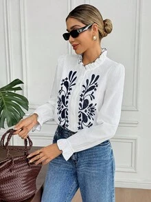 2026 Camisa casual de mujer de manga larga con bordado de plantas y abotonadura sencilla, blusas elegantes de mujer, camisa de algodón puro, blusas de mujer, blusas bohemias, estilo francés, blusa occidental, blusa con bordado floral, blusas elegantes de mujer, blusa con volantes - Azul y blanco - Ver 4