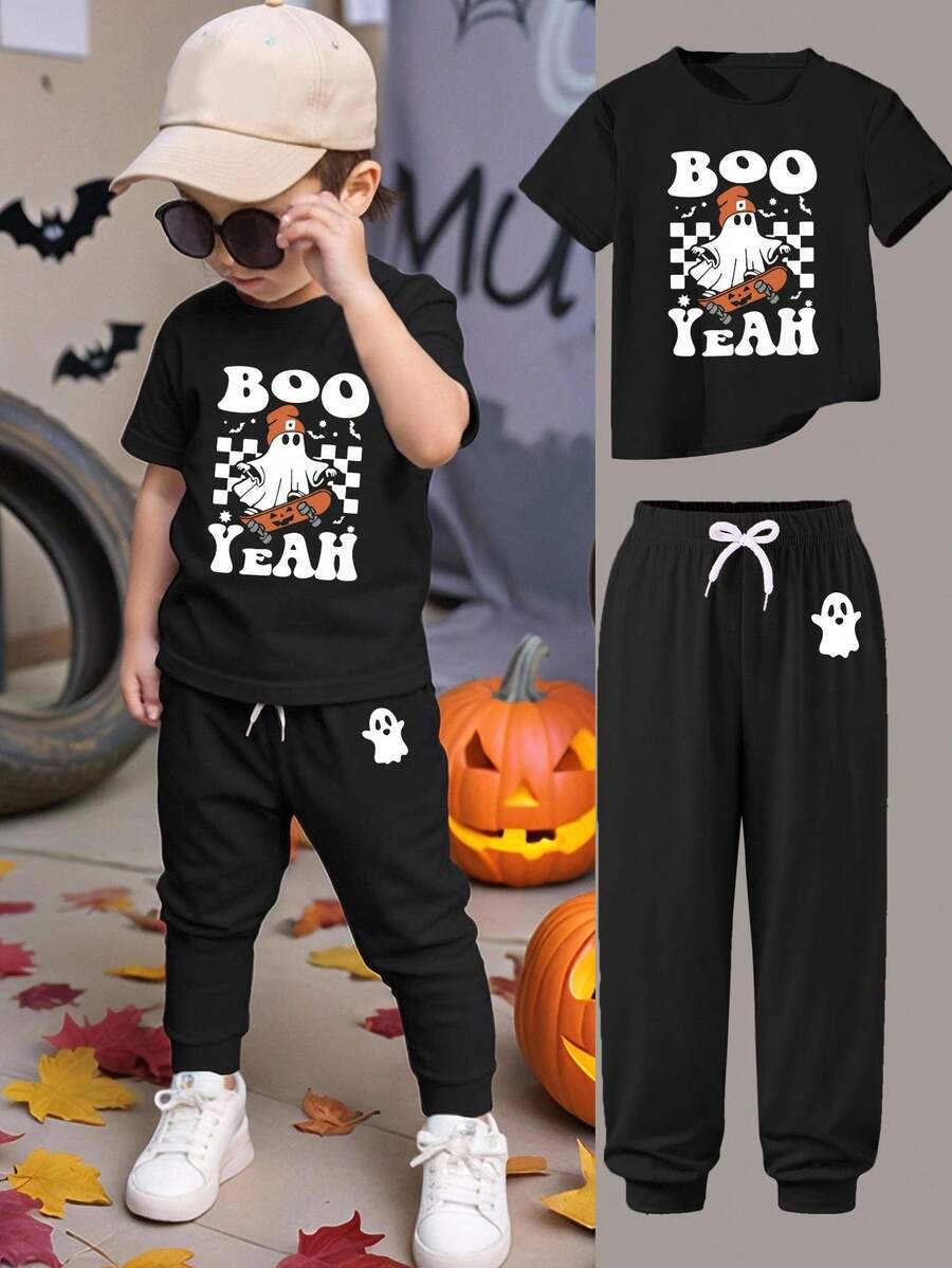 SHEIN Set 2 buc. tricou și pantaloni cu mânecă scurtă și imprimeu Ghost Element pentru copii mici, potrivit pentru toate anotimpurile