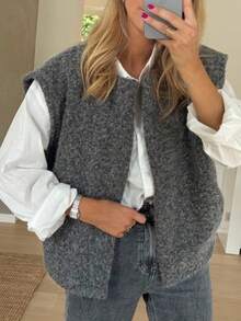 Serisse Áo khoác vest không tay cổ tròn màu trơn dành cho nữ, áo khoác ngoài thường ngày, thu/đông, áo khoác xám, trang phục công sở thường ngày dành cho nữ, thích hợp mặc đi làm hàng ngày, mùa thu - Màu xám đen - Xem 4