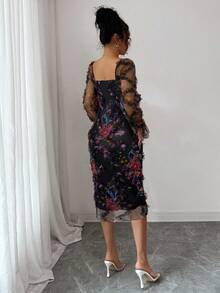 Selianne Women's Elegant Black Floral Print Mesh Long Sleeve Midi Dress,Autumn Ruffle Collar Cinched Waist Party Dress For Weddings,Dates & Outings - Black - View 2