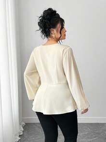 Elenzga Áo cánh mùa thu buộc eo trơn dệt thanh lịch Plus - Màu be - Xem 2